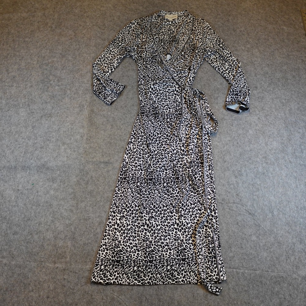 Hale Bob Dress Women Medium‎ Black White Leopard Long Sleeve Wrap Maxi VNeck
